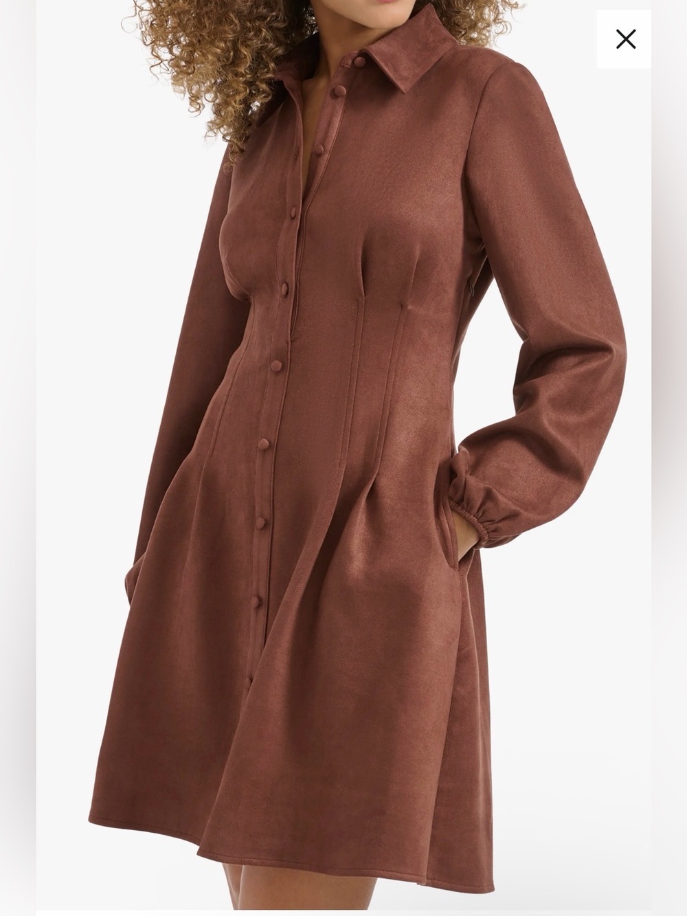 Kensie Button-Front Faux Sude Chocolate Brown Long-Sleeve Shirt Dress